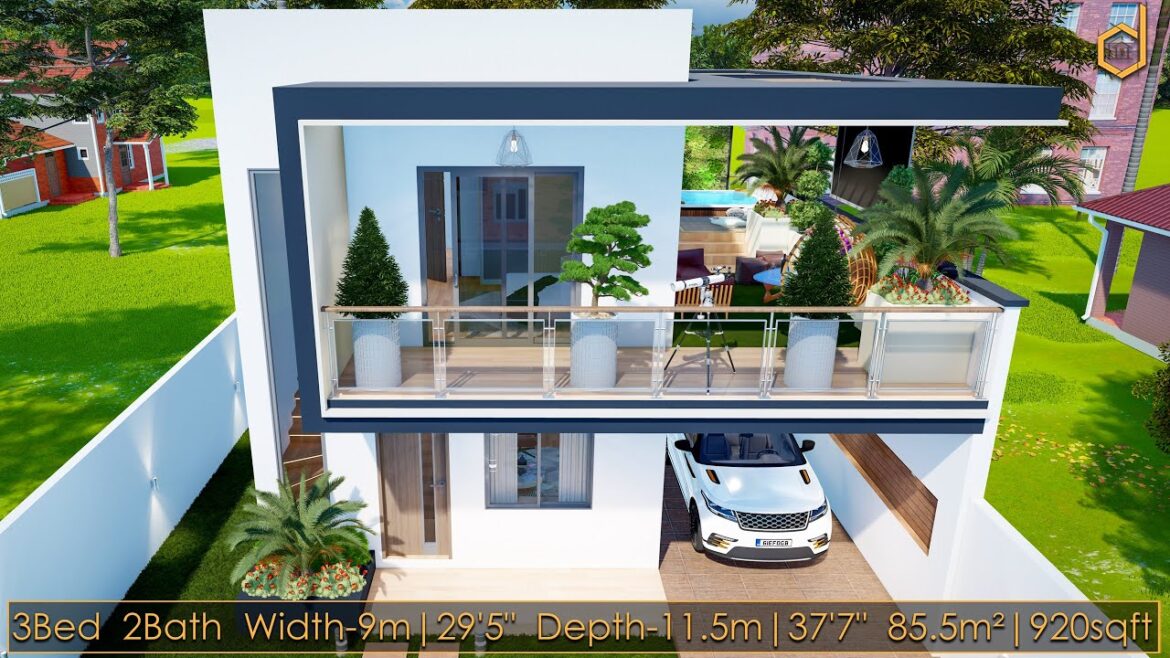 2-Storey Small Modern House Design with a Rooftop Garden and an Outdoor Cinema | 9x11.5m