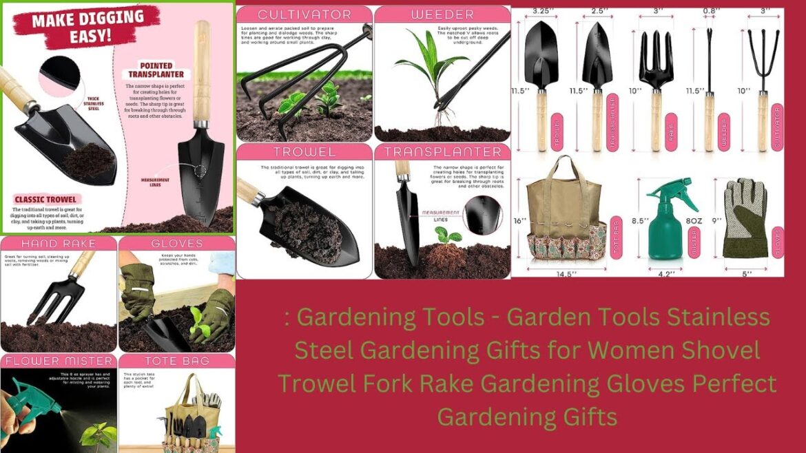 Garden Tools Stainless Steel Gardening Gifts for Women Shovel Trowel Fork Rake.