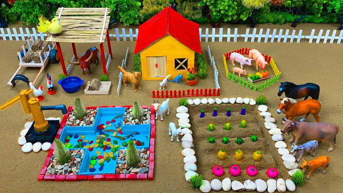 DIY Mini Farm Diorama with House for Longhorn Bull, Pig, Horse | Fish Pond Water Supply - Gardening