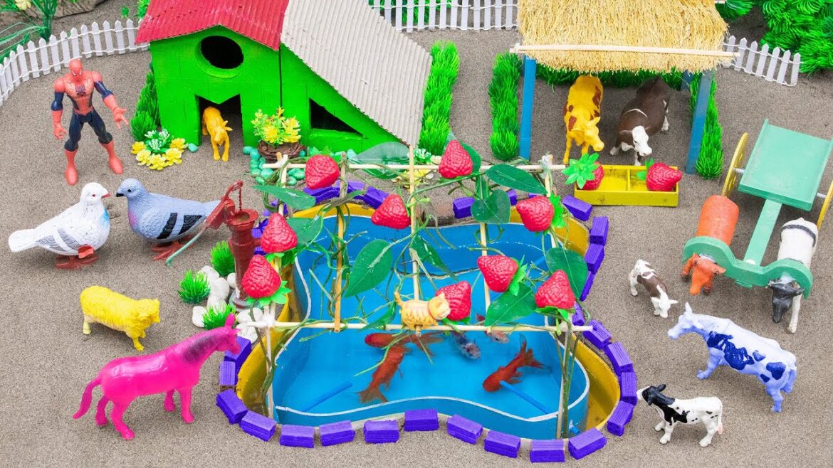 DIY Farm Diorama with mini house for cow, pig| How simple Supply Water to grow strawberry garden #93