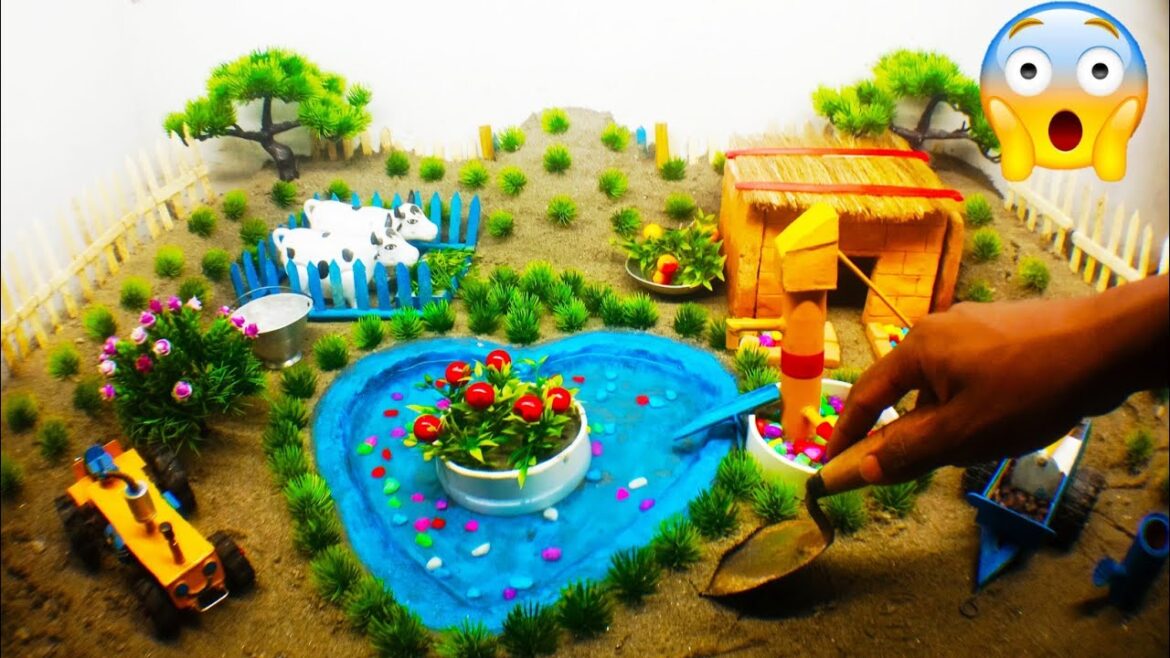 DIY Farm Diorama with rainbow House for animals | Mini Hand Pump Supply Water Pool for Garden #88