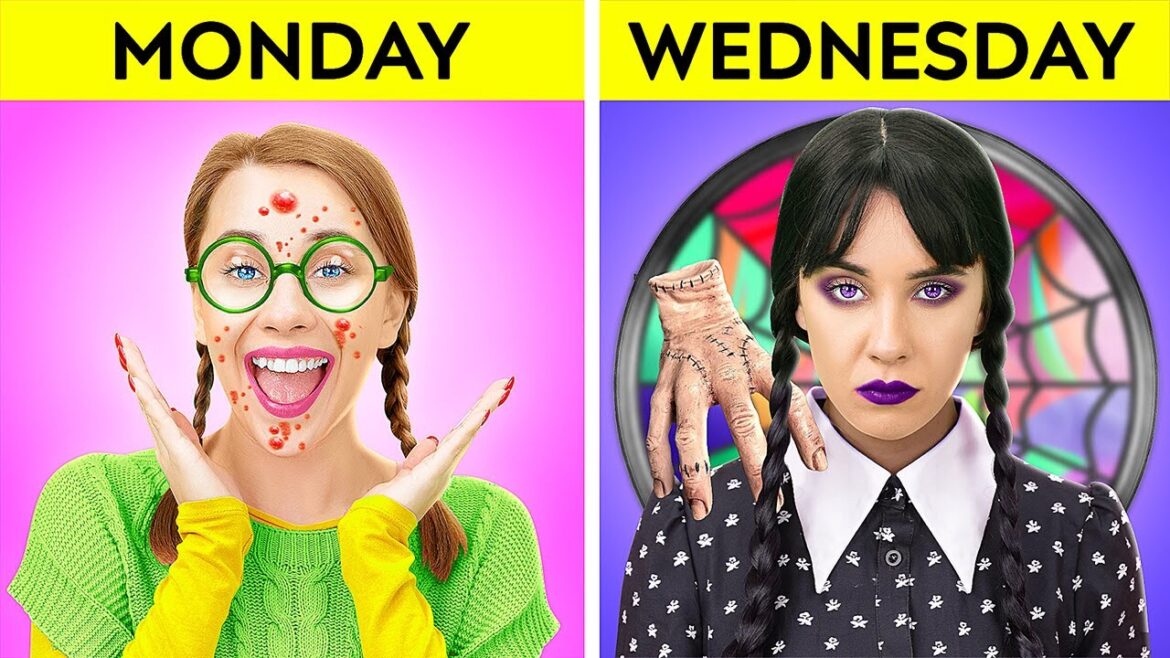 MONDAY VS WEDNESDAY || Extreme Makeup Transformation! How To Become Wednesday by 123GO! FOOD