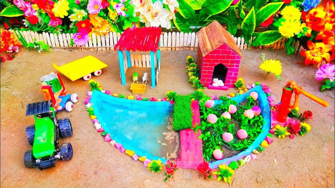 Diy mini Farm Diorama with house for Cow | Mini Hand Pump Supply Water Pool for animals #33