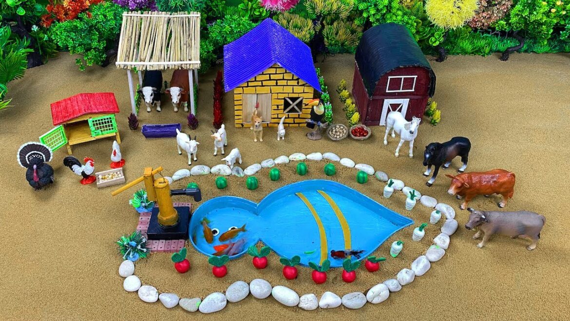 DIY Miniature Farm Diorama with Cow Shed, Fish Pond | Supply Water for Vegetables Garden #71