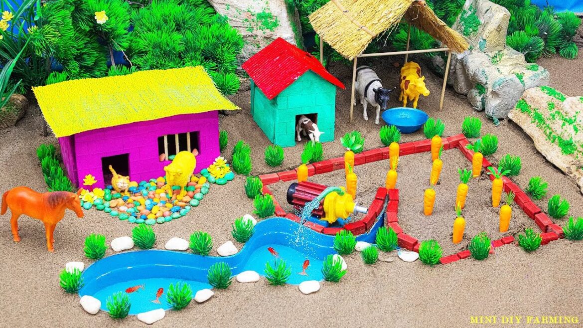 DIY Farm Diorama with mini house for cow, pig | Water pump supply water for grow garden, animal #05