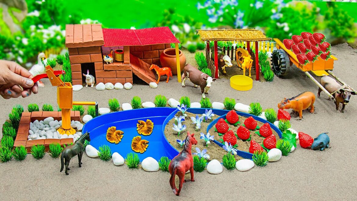 DIY mini Farm Diorama with Aquarium & Strawberry | House for Cow | Supply Water for Flower Garden