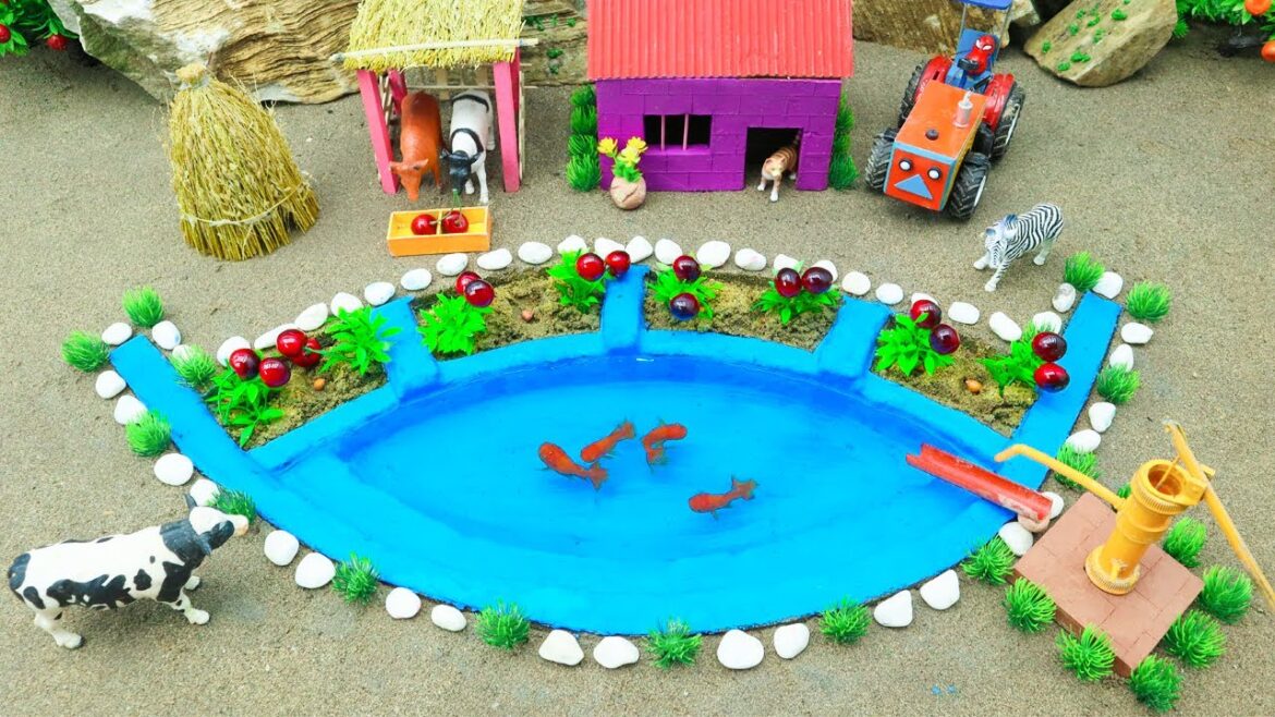 DIY Farm Diorama with mini Aquarium & Cherry | house for cow | Supply Water to grow garden #105