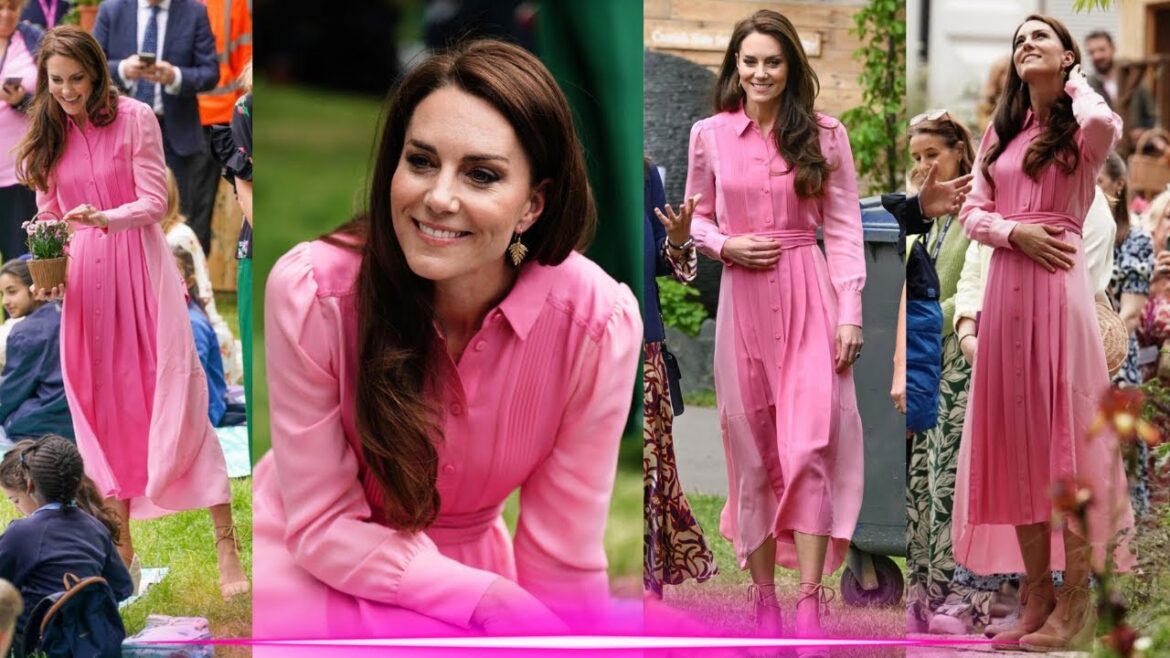 Princess Kate Radiant in a pink dress as she surprised gardeners at the Chelsea Flower Show