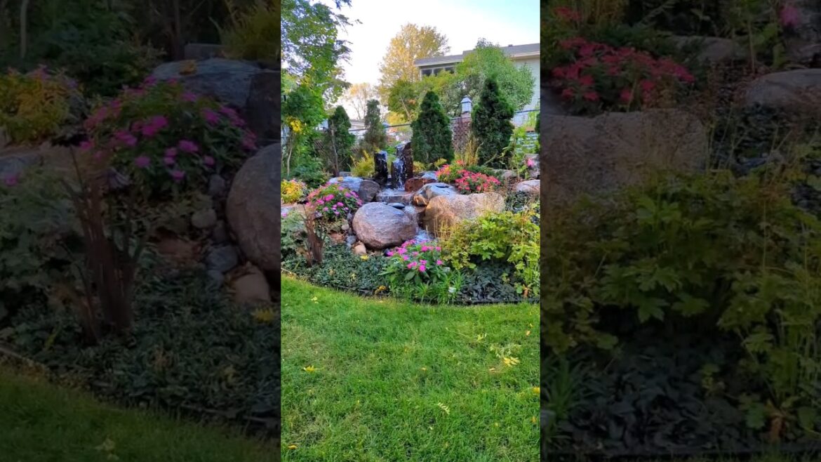 Beautifully Planted 🌷Pondless Waterfall 💦 #garden #backyard #waterfall #flowers #waterfeature