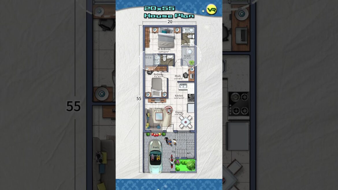 20’× 55’  house plan with car parking, 20 by 55 home plan, 20*55 house design, #instyle #floorplan