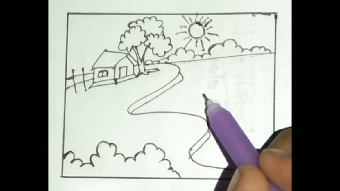 How to draw landscape / riverside village scenery (নদীর তীরে গ্রামের দৃশ্য) step by step