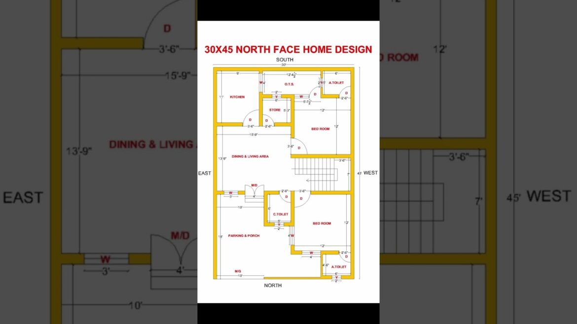 Small 30 by 45 North Face 2 Bedroom Low Budget House Plans Designs With Car Parking as per to vastu