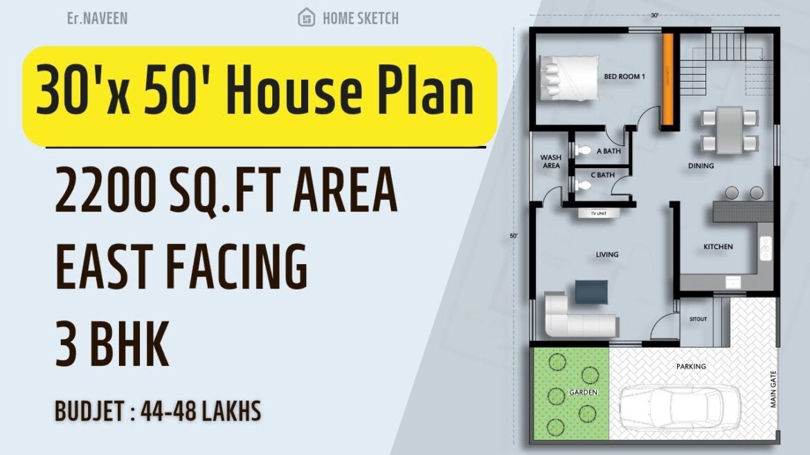 30x50 House Plan | East Facing | 3 BHK | 2200 Sqft |  | Home Sketch