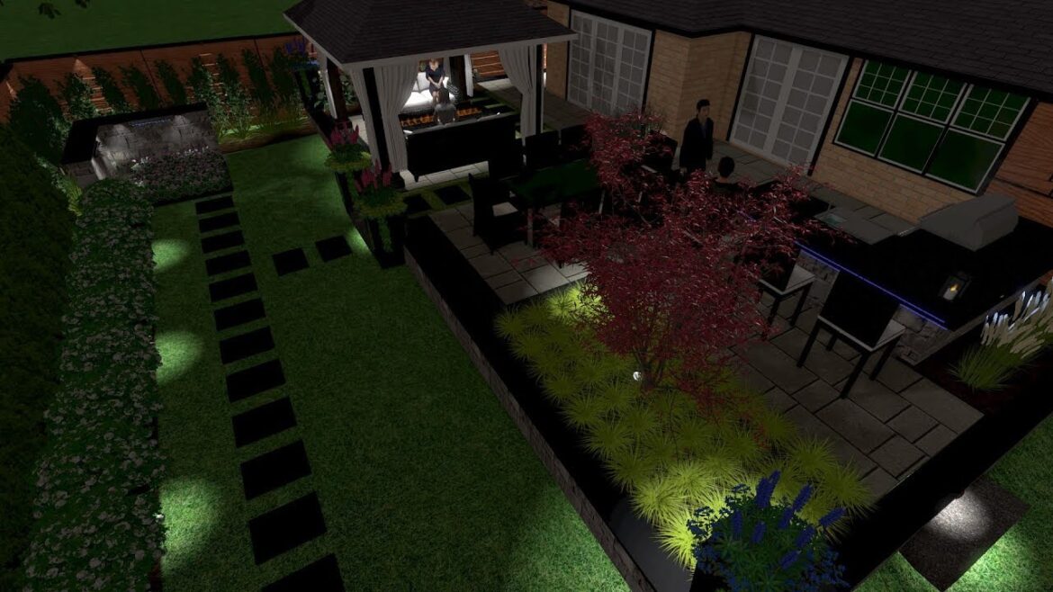Backyard landscaping makeover at night