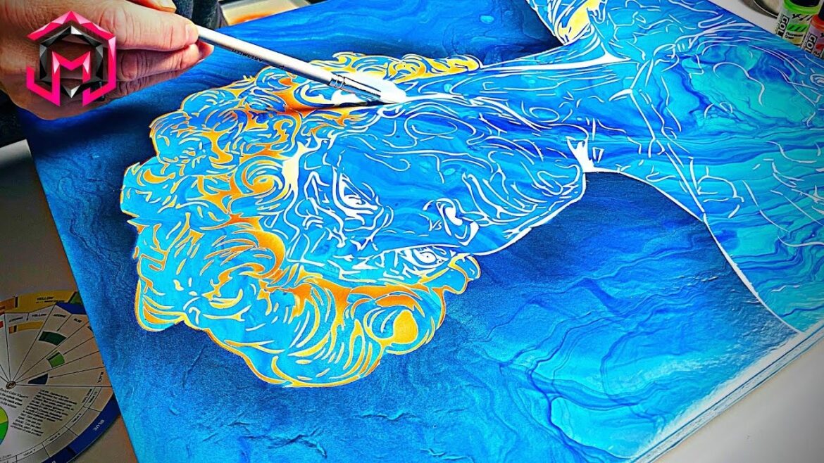 MICHELANGELO'S DAVID!! Acrylic Pouring or Fluid Art and Airbrush Embellishments