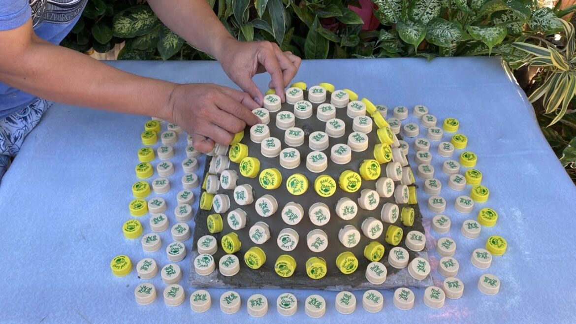 Flower bottle caps pot for everyone at home garden decor using cement and old towel - Beautiful tips