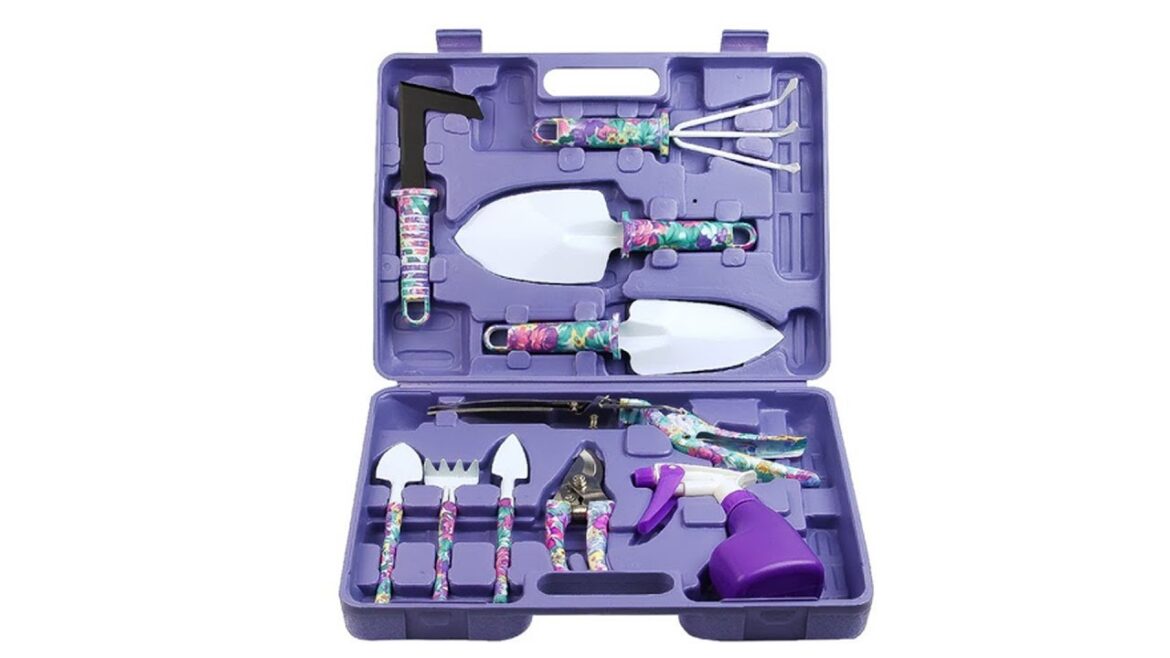 Garden Tools Set, JUMPHIGH 10 Pieces Gardening Tools with Purple Floral Print