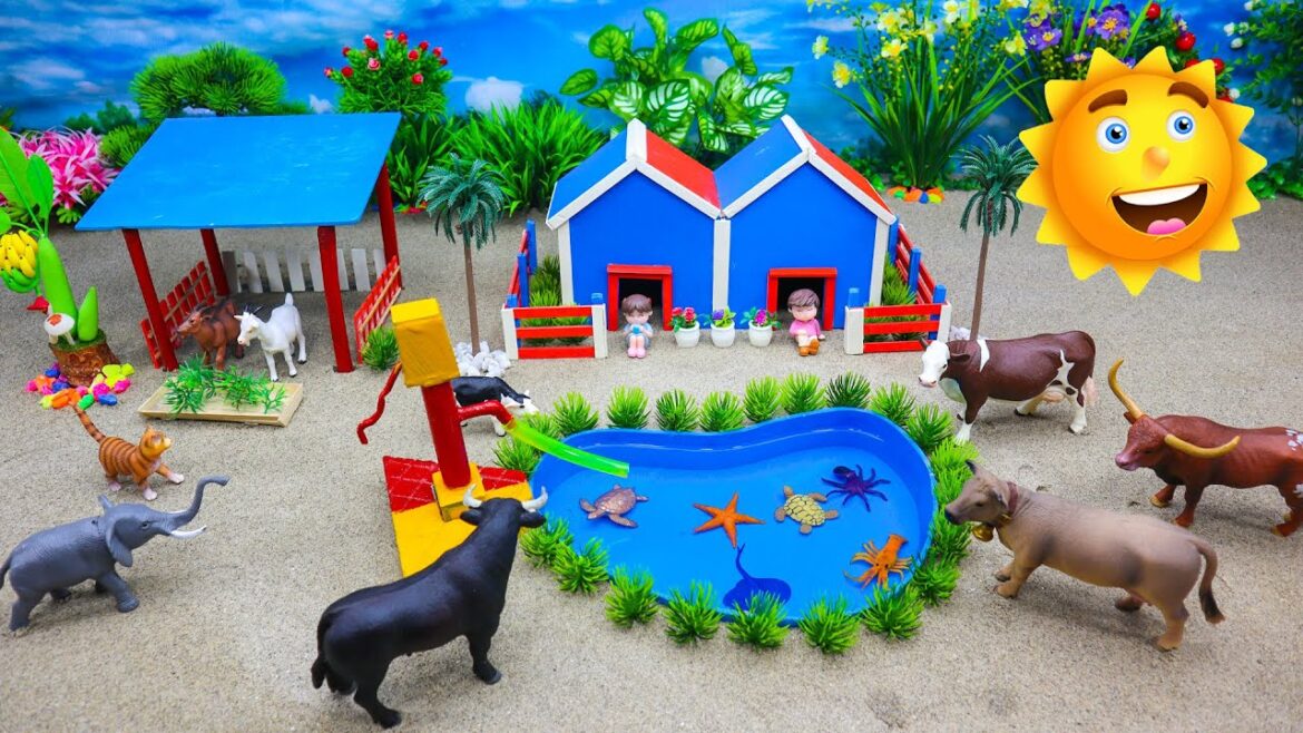 DIY Farm Diorama with house for cow, barn  mini hand pump supply water for animals new #15