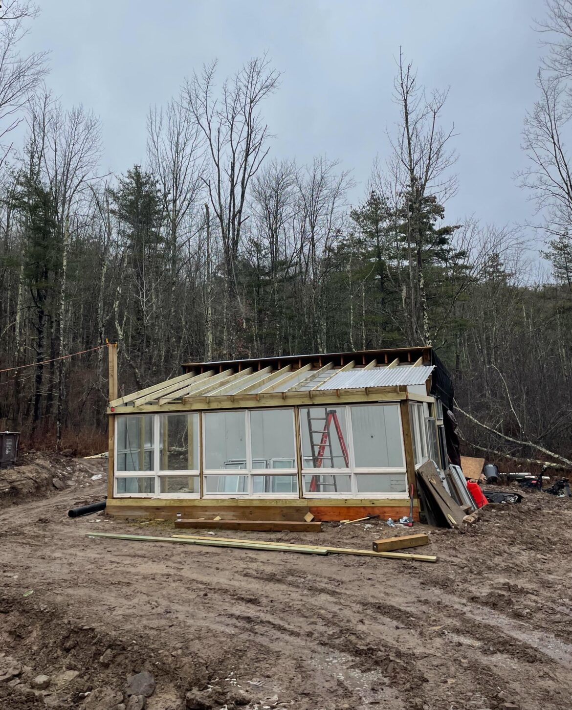 Greenhouse progress from leftover windows and walk in freezer panels.