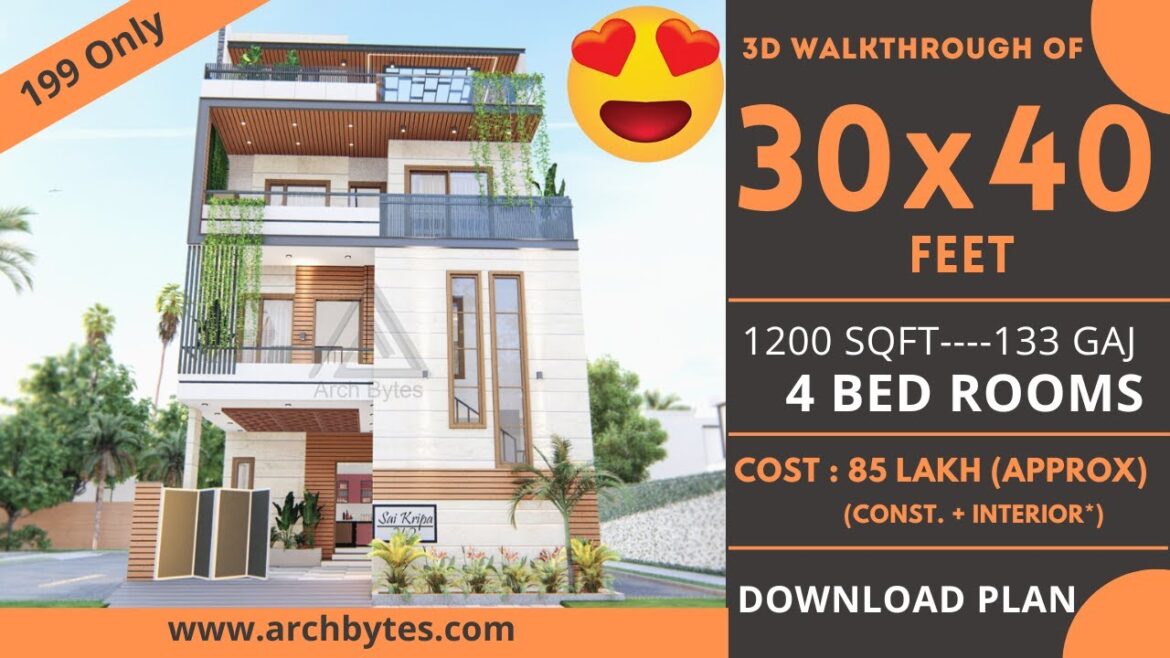 30×40 Feet Modern House Design 3D: 4 Bedrooms, 5 Bathrooms, 3 Floors, Terrace Garden – 1200 Sqft 30x40 Feet Modern House Design 3D: 4 Bedrooms, 5 Bathrooms, 3 Floors, Terrace Garden - 1200 Sqft