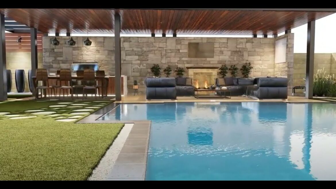 design home landscape backyard, pool, 3d realistic rendering