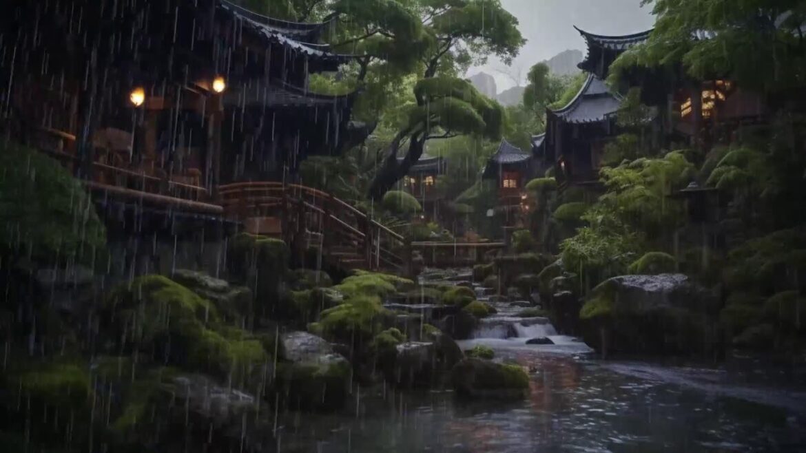 Japanese Village Garden | 10 Hours of Relaxing Rain and Thunder for DEEP SLEEP | ASMR | Studying