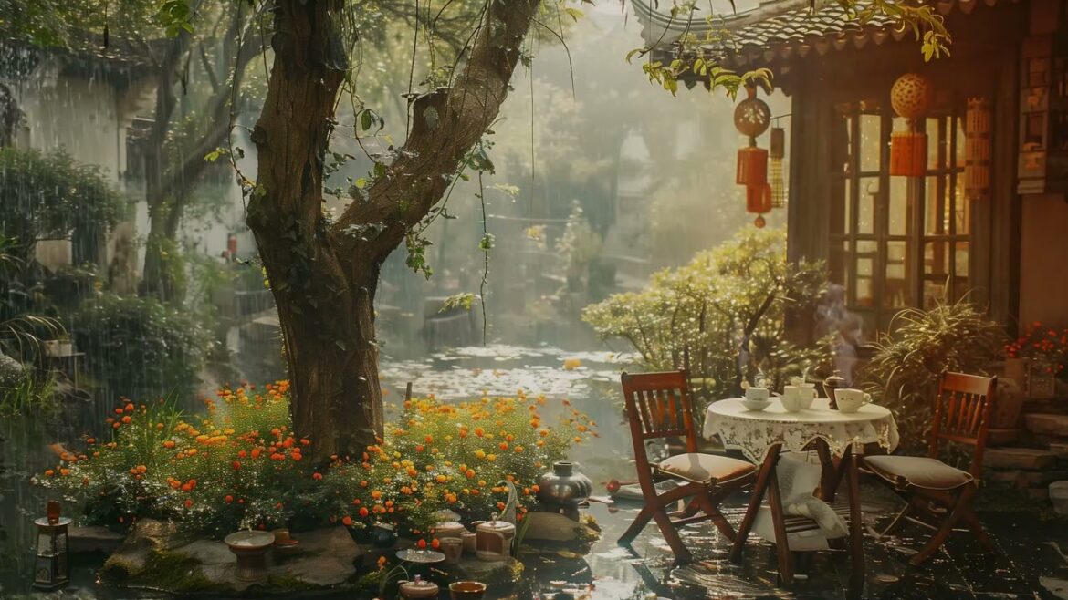 The cozy sound of rain in the Japanese garden, Suitable for relaxing & sleeping