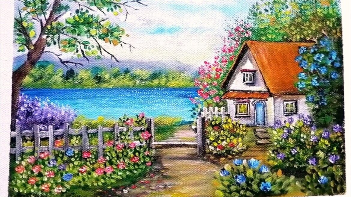 Easy Painting lovely landscape / flowery house backyard 🎨 Acrylic Painting #art #canvas  #newvideo