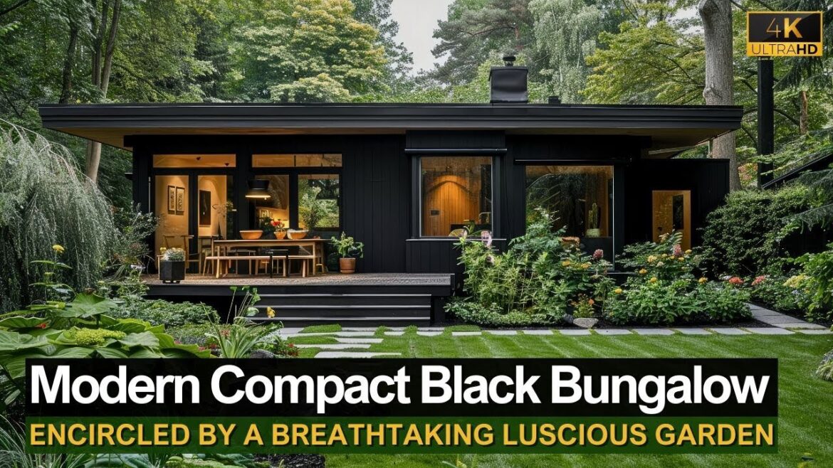 Discover This Modern Compact Black Bungalow Encircled by a Breathtaking Luscious Garden