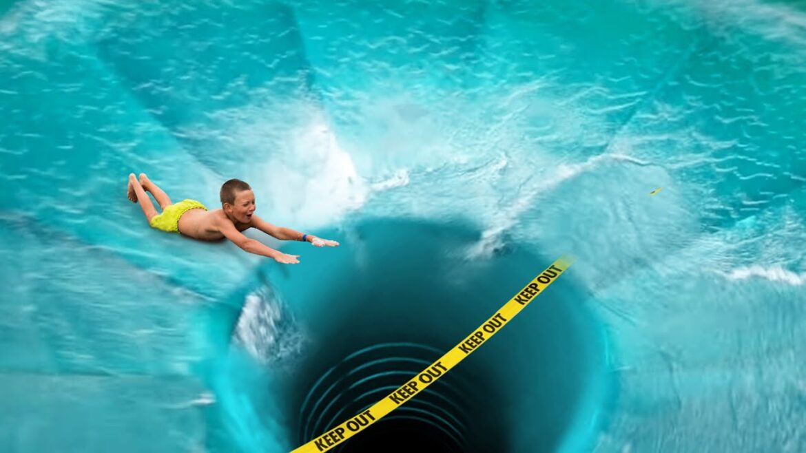 he got stuck in a CLOSED water slide.. he got stuck in a CLOSED water slide..