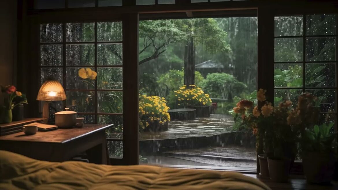 Cozy Bedroom Space With Heavy Rain In The Japanese Garden - Meditation Rain Sound, Deep Sleep