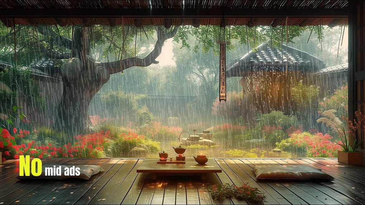 Rainy Day Relaxation in Japanese Garden Rainy Day Relaxation in Japanese Garden