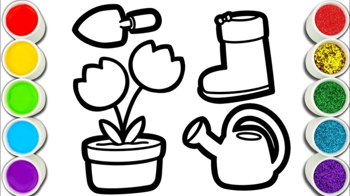 Gardening Tools and Flower Drawing, Painting, Coloring for Kids and Toddlers