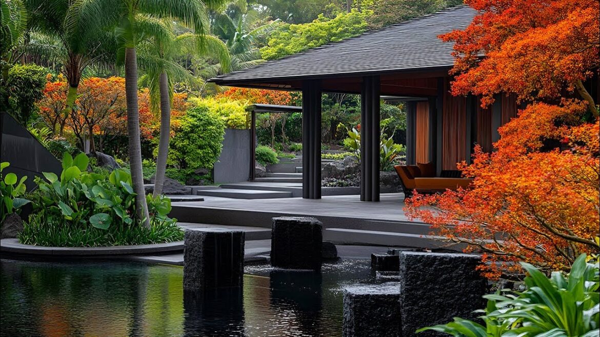 Japanese Autumn Home and Garden Design Set in a Tropical Oasis with Black Stone and Wooden Elements Japanese Autumn Home and Garden Design Set in a Tropical Oasis with Black Stone and Wooden Elements