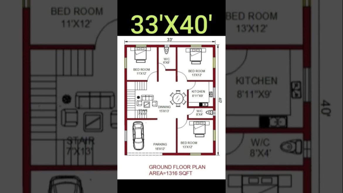33'×40'3bedroom with parking homedesign #house #shortvideo #gharkanaksha