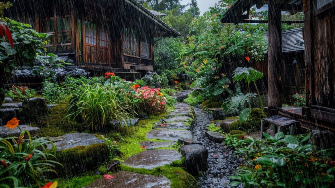 Calm Scenery with Rain in Japanese Garden -  Rain Sounds for Stress Relief & Better Sleep
