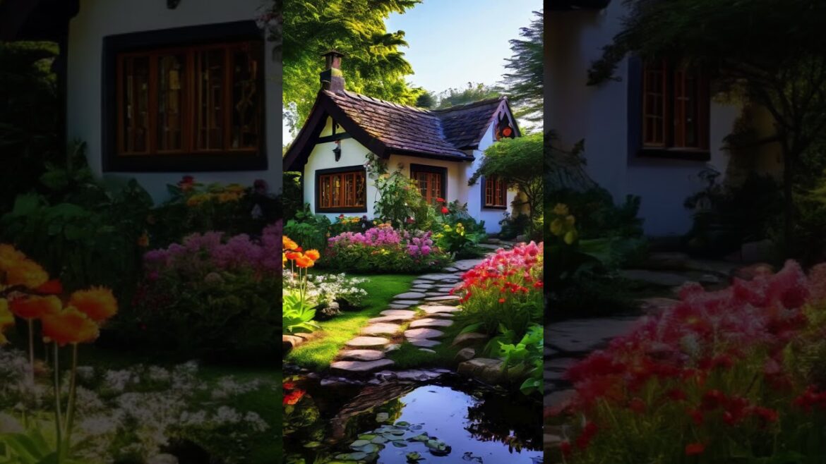 Tiny House Paradise in Lush Garden with Trees, Flowers, and Pond Tiny House Paradise in Lush Garden with Trees, Flowers, and Pond