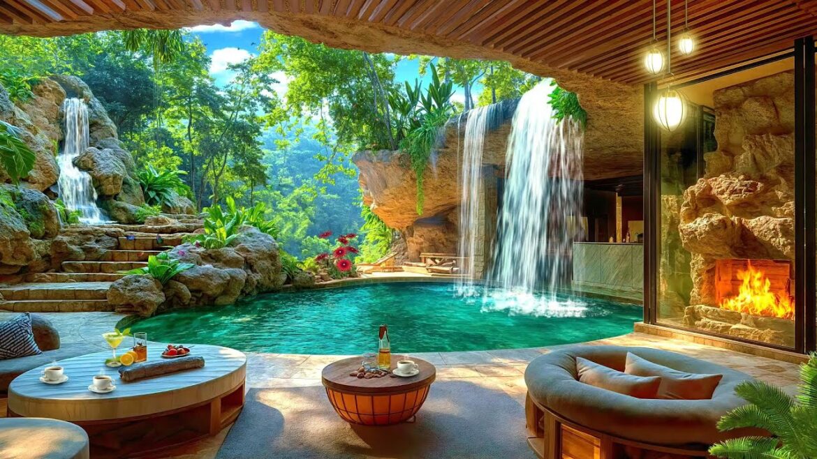Tranquil Backyard Garden Space with Relaxing Pool by Waterfall: Smooth Jazz Music and Cozy Fireplace Tranquil Backyard Garden Space with Relaxing Pool by Waterfall: Smooth Jazz Music and Cozy Fireplace