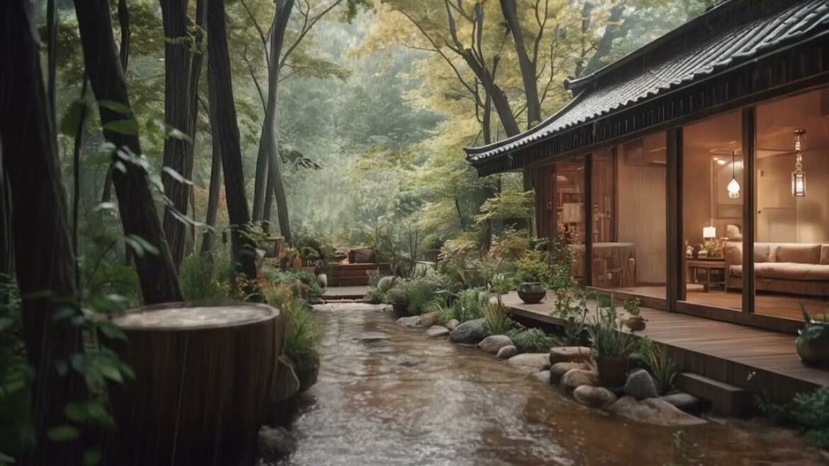 Rain on Japanese Garden in the Evening 3 Hours for Sleep, Study or Relaxation Ambience Rain Sounds