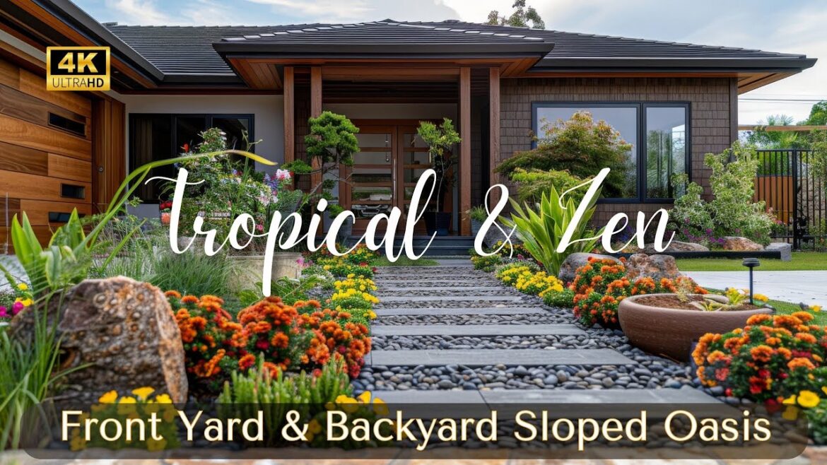Front Yard & Backyard Sloped: Stunning Sloped Oasis with Tropical Landscaping & Japanese Zen Garden