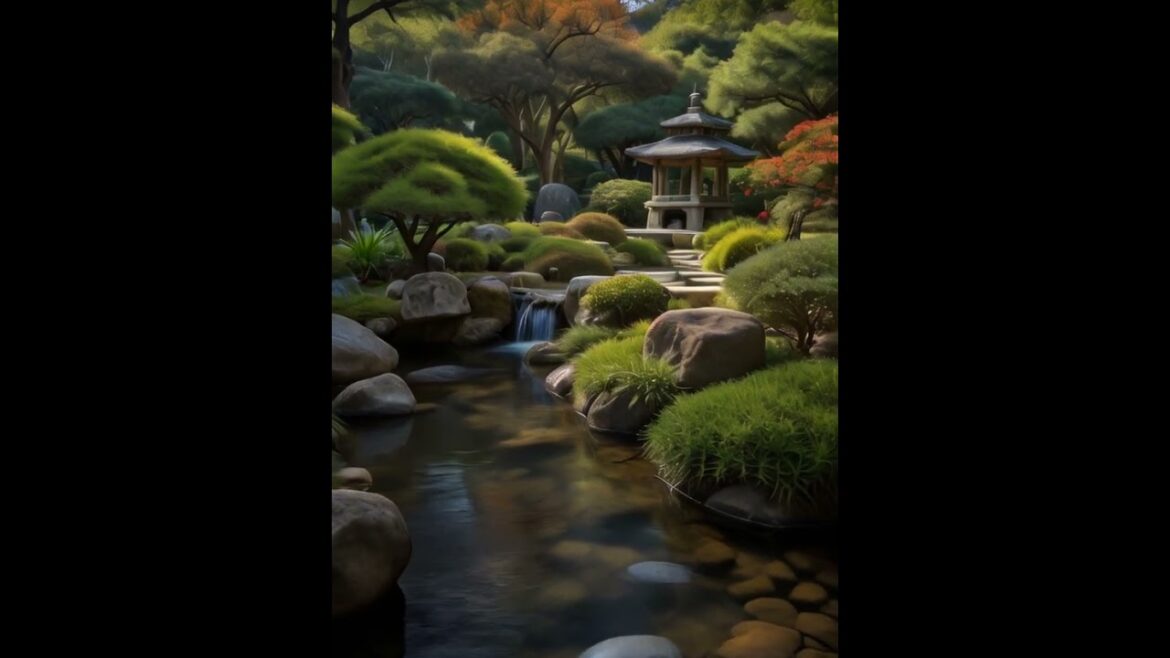 tranquil Japanese garden with a winding stream