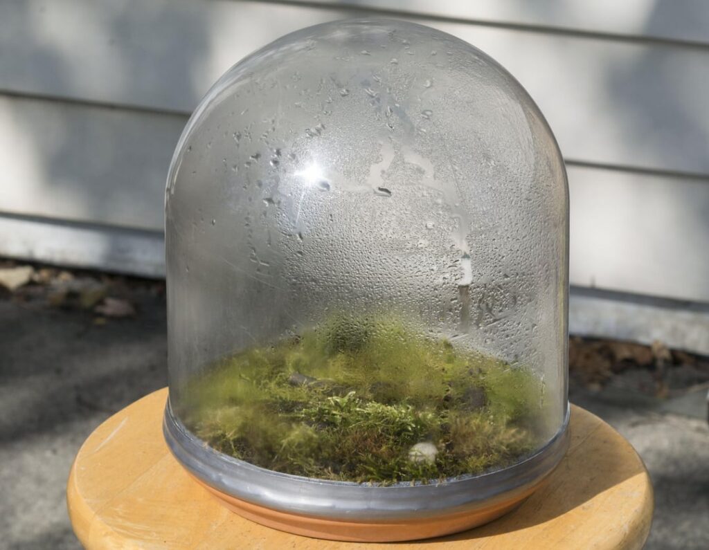 My Mossarium.  I started it as a Covid project in 2020.  It failed a few times, but I kept trying, and it's been pretty stable since summer 2022.  It's a closed mossarium -- I only take the glass cover off every few weeks or so to admire my little garden and enjoy the forest smell.