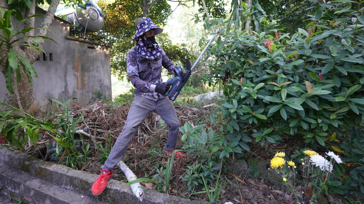 The woman is happy because her back hurts I Help her clean the garden The woman is happy because her back hurts I Help her clean the garden