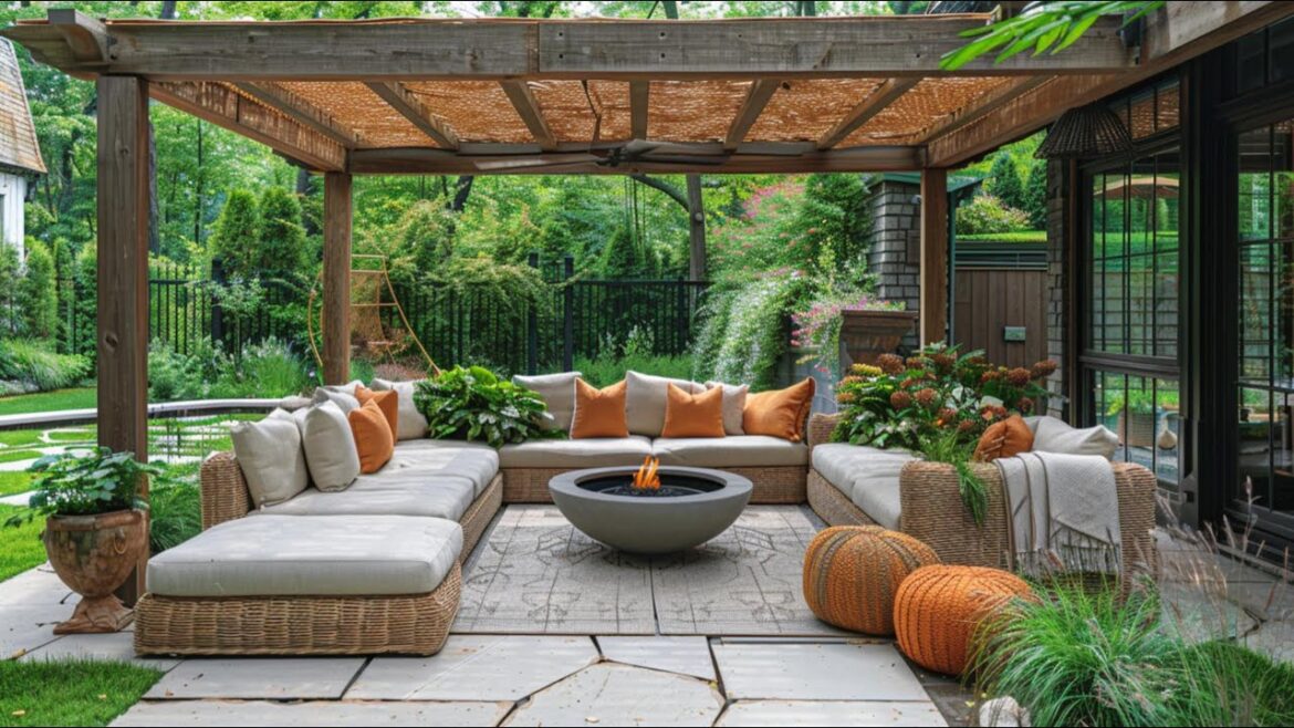 Cozy Outdoor Patio Design Ideas: With Fire Pit L-Shaped Rattan Sofa, Pergola & Lush Garden Design Cozy Outdoor Patio Design Ideas: With Fire Pit L-Shaped Rattan Sofa, Pergola & Lush Garden Design