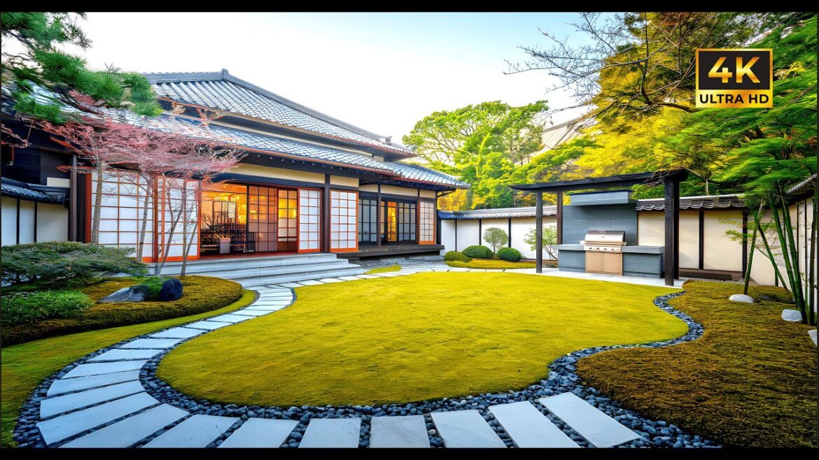 Stunning Japanese Garden with Traditional House, Lush Lawn & Modern BBQ Area (4K Tour)