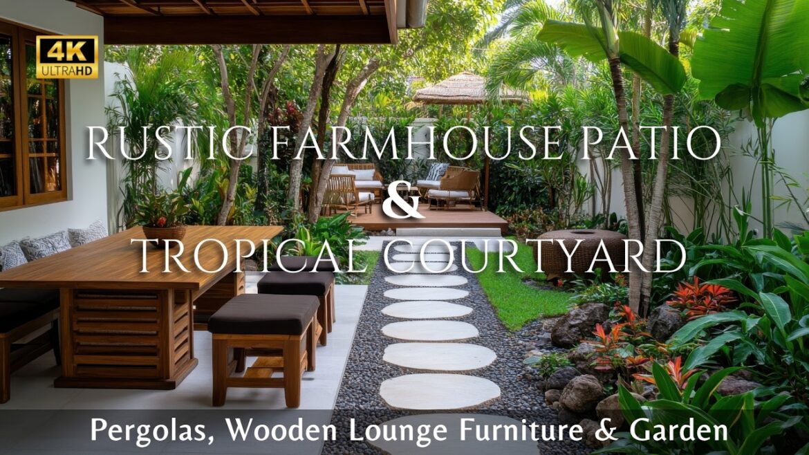Rustic Farmhouse Patio: Pergolas, Wooden Lounge Furniture, and Tropical Courtyard Garden Ideas Rustic Farmhouse Patio: Pergolas, Wooden Lounge Furniture, and Tropical Courtyard Garden Ideas