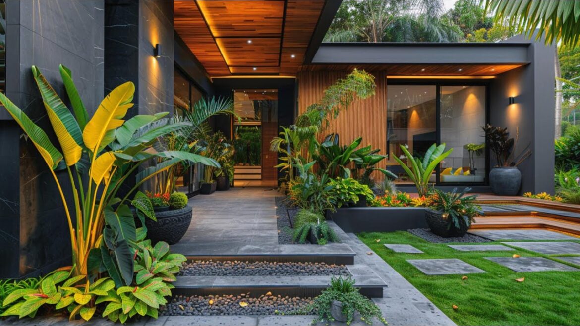 Modern Landscape Design Front Yard: Minimalist Entrance with Dark Stone, Wood & Lush Tropical Plants