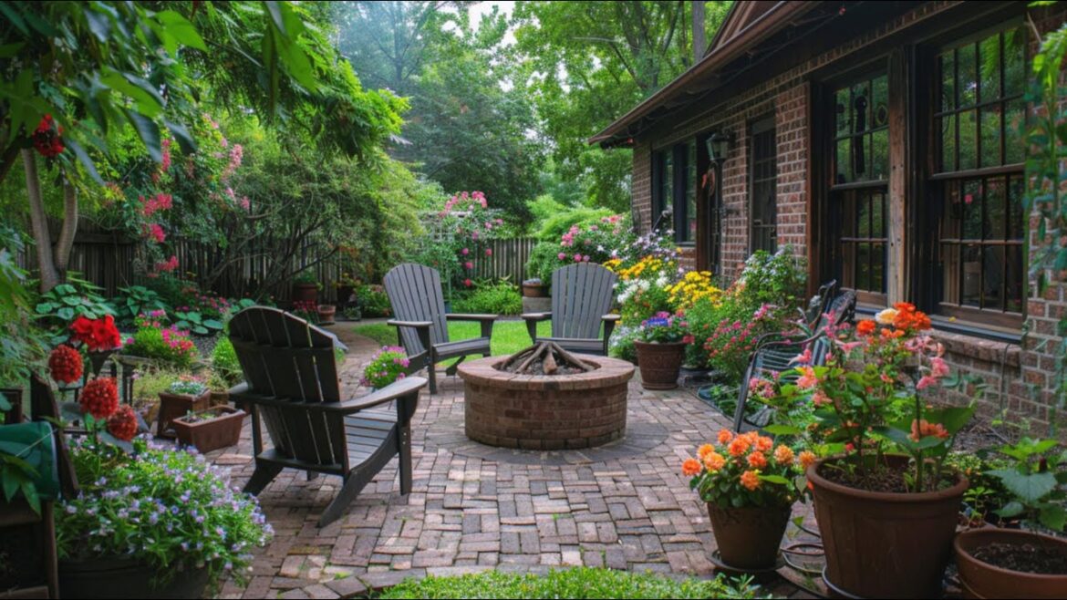 Cozy Backyard Garden: With Brick Fire Pit  & Blooming Flowers | Relaxing Outdoor Retreat 🌺🔥