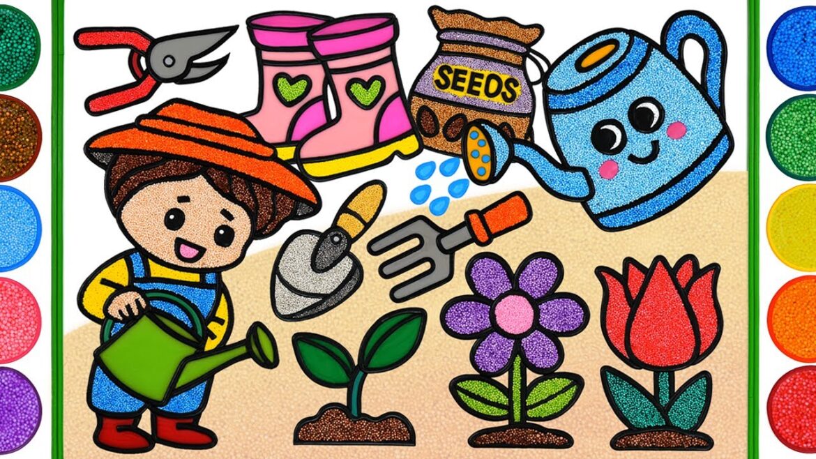 Gardening tools, Jelly Painting & Coloring for Kids | How to Draw Flower Garden with Foam clay