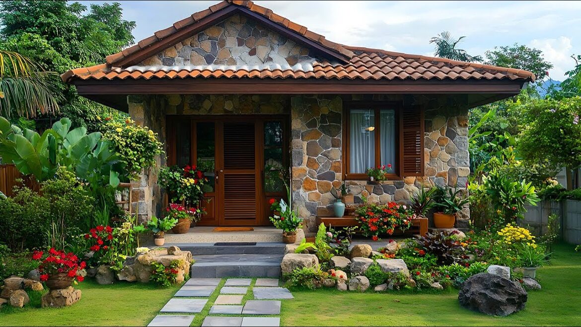 Charming Small House Designs: Rustic Stone Elegance with Cozy Tropical Courtyard Garden Ideas